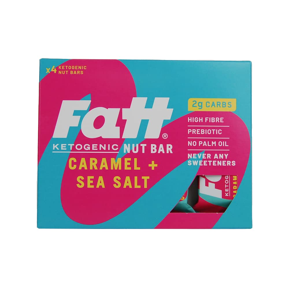 Fatt Keto Snack Bars - Caramel & Sea Salt - 4 x 30g - 2g Carbs - 100% Natural Snacks - Low Carb, Low Sugar, High Prebiotic Fibre, Vegan & Sweetener Free - FattBar