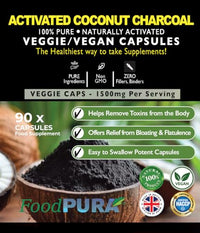 FoodPURA Coconut Activated Charcoal Capsules 1500mg x 90 100% Natural Vegan Digestive Supplement Reduces Bloating & Flatulence After Eating