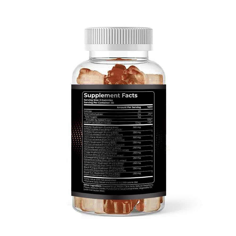 Izkan Mushroom Complex Gummies 3000mg - 10 Brain Health Mushrooms Gummies Supplement Promotes Focus, Memory, and Mood - 60 Count (Rasberry Flavor, Halal, Gluten-Free, Vegan) (1)