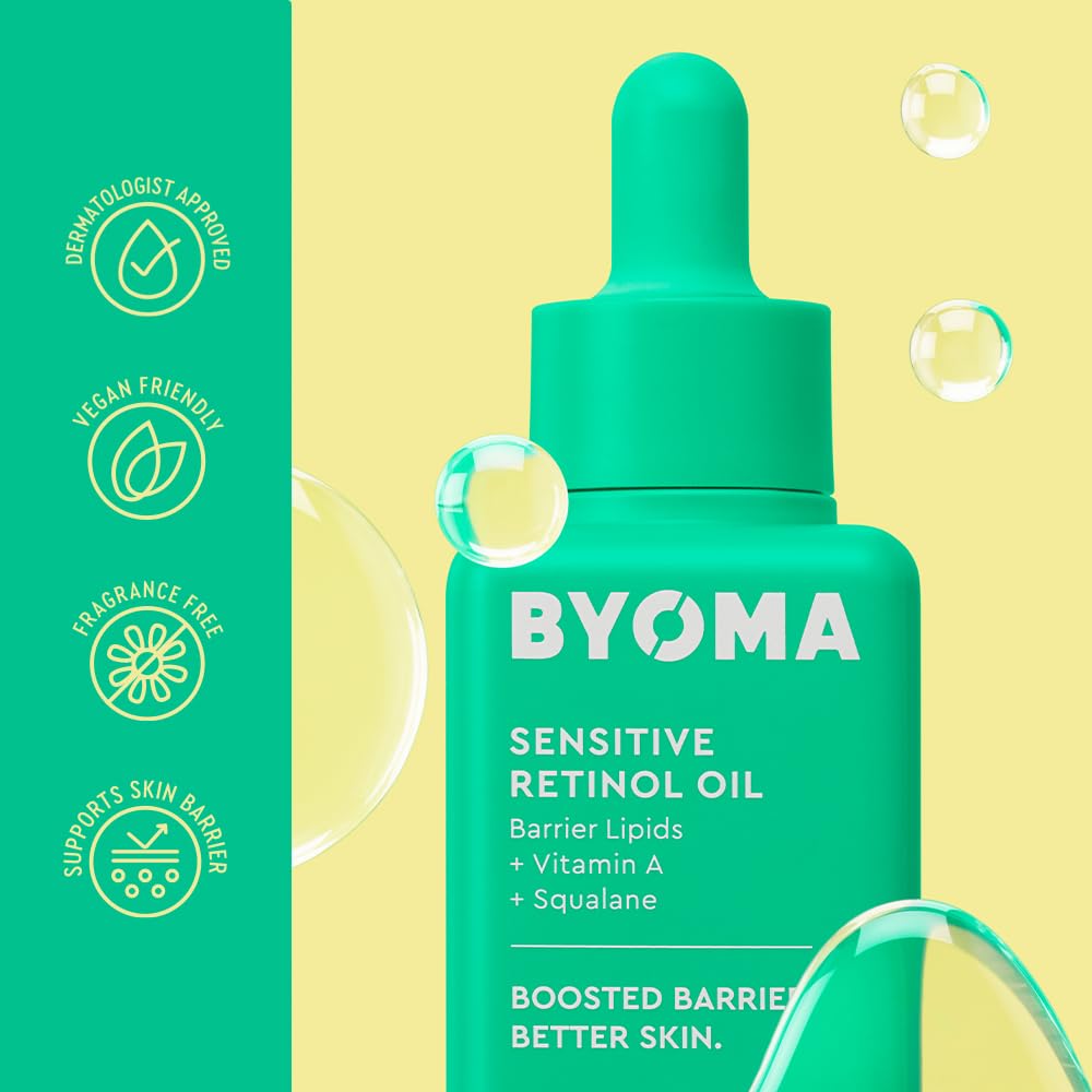 BYOMA Sensitive Retinol Oil (30ml) Face Oil with Retinol, Squalane and Vitamin A - For Sensitive Skin and Retinol Beginners, Clinically Proven to Reduce Textured Skin, Fine Lines and Wrinkles, Vegan