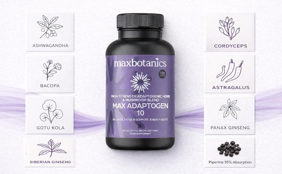 Max Botanics Max Adaptogen 10 Balance, Fatigue, Energy Boost & Stress Support 10-Herb Adaptogen High Strength Mushroom Blend with Ashwagandha, Rhodiola & Ginseng Natural Vegan UK Made (120 Capsules)