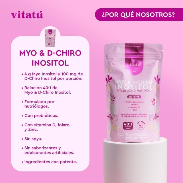 Vitatú | Myo Inositol (4g) & D-Chiro Inositol (1g) Ideal Mix 40:1 | Duration 45 Days | with Folic Acid + Vitamin D3 + Zinc (7.9oz / 225g)