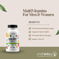 Livewell Vitamins For Life Multivitamin Tablets for Men - Multivitamin Tablets for Women - Multivitamins & Minerals Complex - 30 Essential Active Vitamins & Minerals - 90 Vegan multivitamin Tablets - Made in The UK