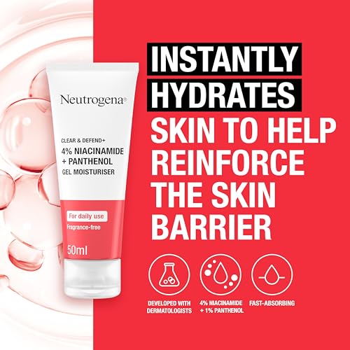Neutrogena Clear & Defend+ Gel Moisturiser (1 x 50ml), Fast-Absorbing Face Moisturiser with 4% Niacinamide and 1% Panthenol, Fragrance-Free, Hydrating Gel, Suitable for Daily Use and Spot-Prone Skin