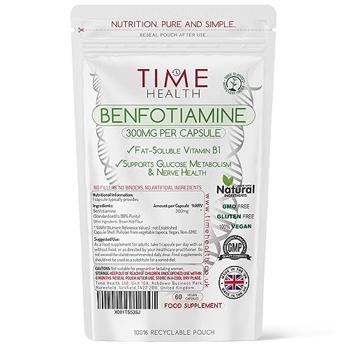 Time Health New: Benfotiamine - 300mg - Fat Soluble Vitamin B1 (Thiamine) - >98% Purity - UK Made Supplement - GMP Standards - Zero Additives