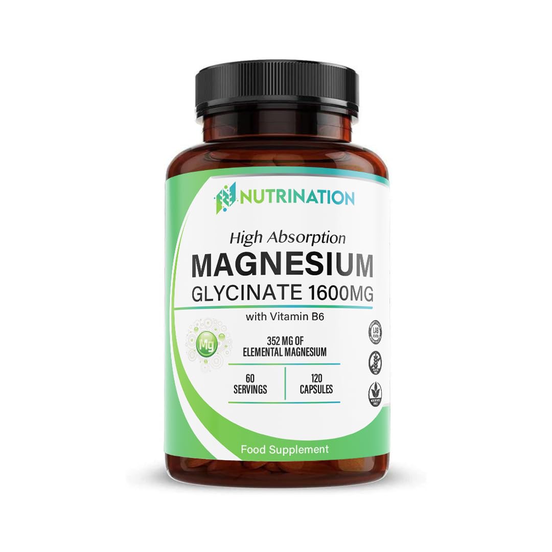 Magnesium Glycinate Supplement 1600mg with Vitamin B6, 352mg of Elemental Magnesium, 94% Daily NRV, 120 High-Strength Capsules 2 Months Supply, Supports Muscle & Nerve Health, Vegan, Lab Tested