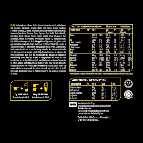 Reflex Nutrition The Muscle Bomb Caffeine Free Pre Workout Powder - 9g Citrulline Malate, 2.5g Beta Alanine - Energy, Pump & Focus for Explosive Workouts (Sherbet Lemon, 400g, 20 Servings)