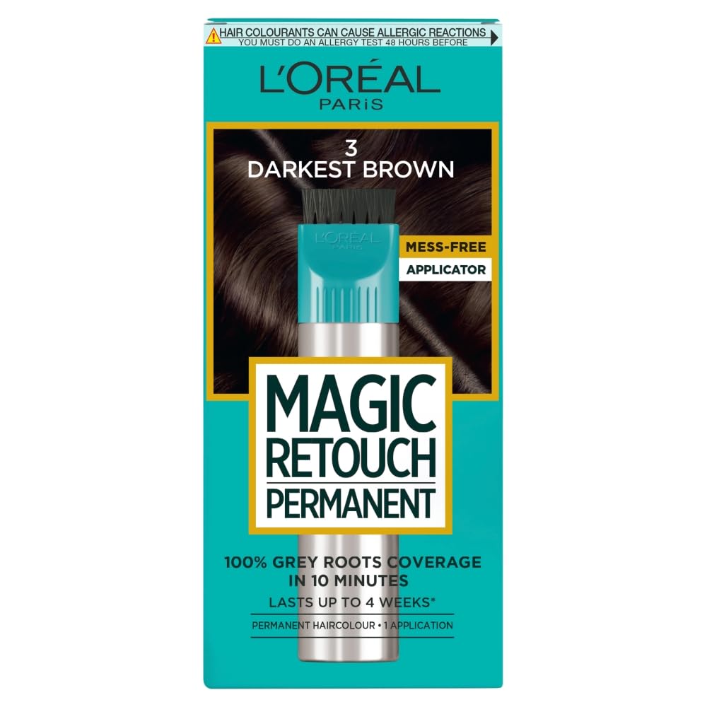 L'Oreal Paris L'Oréal Paris Magic Retouch Instant Root Spray, Darkest Brown 3. Ensures flawless coverage for grey regrowth in 3 seconds. This 75ml spray offers a quick, easy, natural-looking root touch-up.