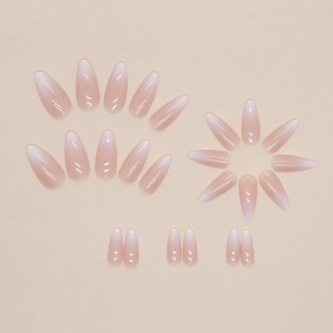 KQueenest Ombre Press on Nails Almond, French Tip False Nails Medium Stiletto, Gradient Nude Pink Fake Nails Press ons, Perfectly Fit, Reusable Gel Stick on Nail for Women Daily Wear, 24 Pcs