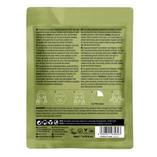 MASKOLOGY SQUALANE Professional Sheet Mask Pack of 1 | Hydrating Face Masks Skincare | Anti Aging Skin Care | Olive & Passionfruit | 100% Plant Based |