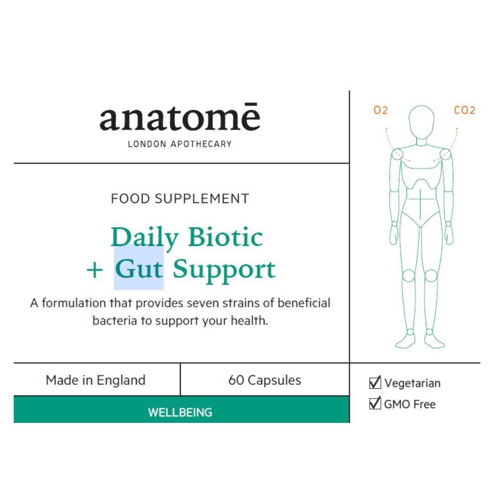 Anatome Daily Biotic + Gut Support - New Formula Nutritional Supplement for Regular Bowels - Probiotic with 20 Billion Good Gut Bacteria - 60 Capsules