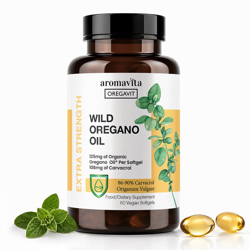 AROMAVITA Wild Oregano Oil Softgels 86–90% Carvacrol | Organic Oil of Oregano Capsules | No Strong Taste | Greek Oregano | 60 Softgels