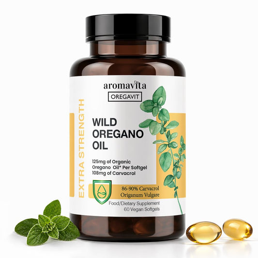 AROMAVITA Wild Oregano Oil Softgels 86–90% Carvacrol | Organic Oil of Oregano Capsules | No Strong Taste | Greek Oregano | 60 Softgels