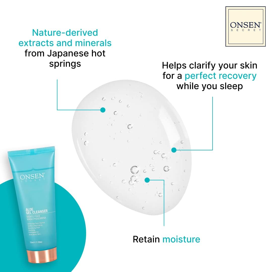 Onsen Japanese Natural Face Wash - Premium Hydrating Aloe Vera Face Wash - Daily Night Travel Facial Cleanser for Makeup Removal and Dry Skin with Added Hyaluronic Acid & Vitamins - 2 Pack 75ml