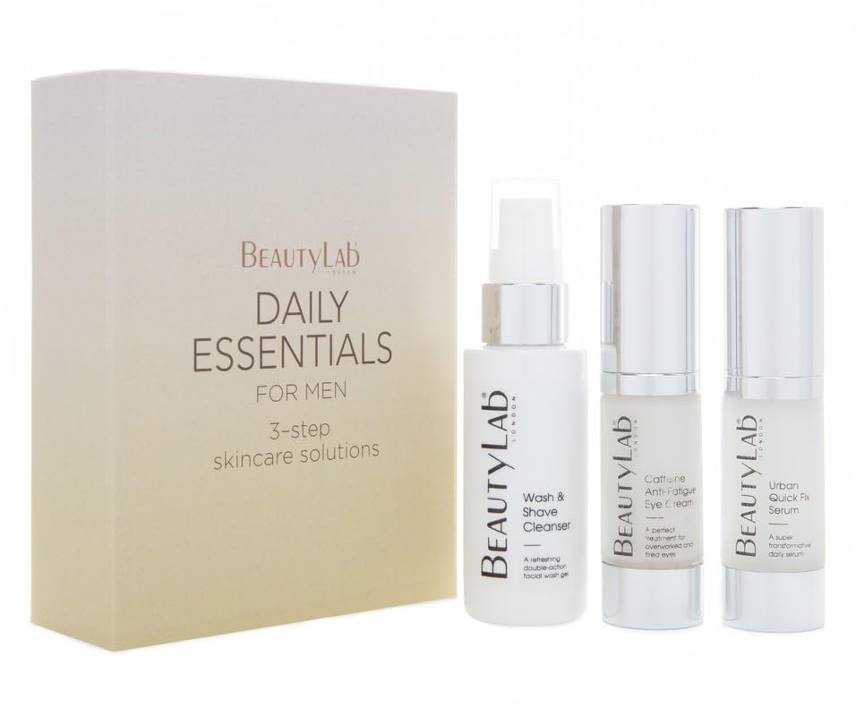 BEAUTYLAB Daily Essentials Gift Set for Men, Wash & Shave Cleanser, Serum, & Eye Cream, 3-Step Routine to Hydrate, Smooth, & Protect Skin, Mens Skincare Gift Set