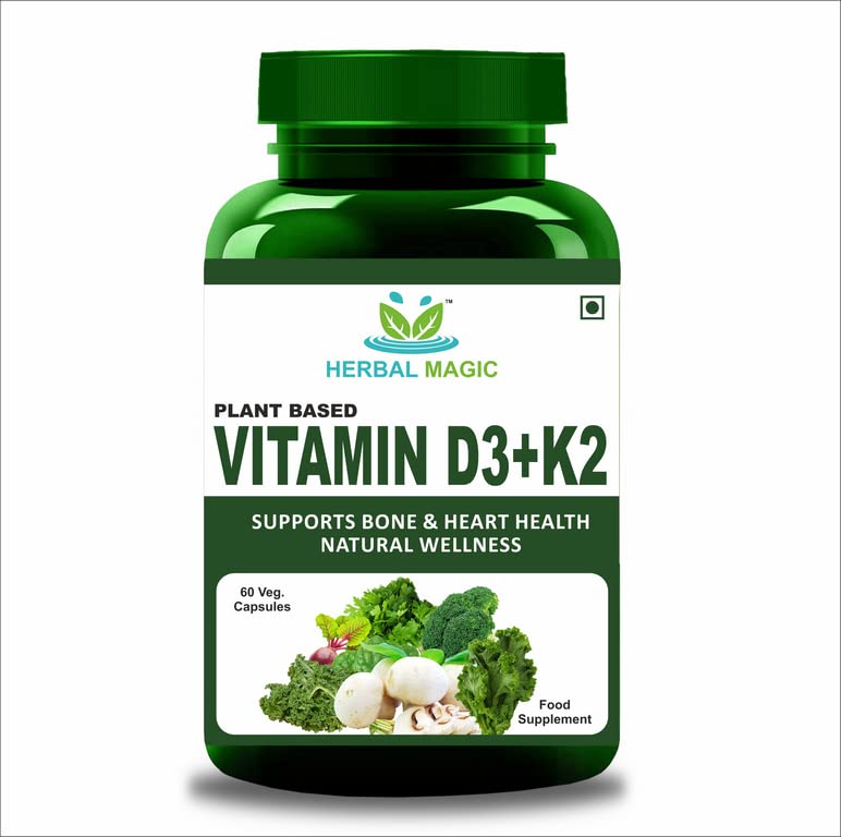 Herbal Magic Pure & Natural Plant Based Vitamin D3 (4000 IU) & K2 (200 mcg) in 2 Capsules, Whole Plant Used 60 x Veg Capsules - Lab Tested - No Maltodetxrin, Fillers, Preservatives