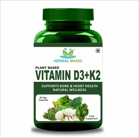 Herbal Magic Pure & Natural Plant Based Vitamin D3 (4000 IU) & K2 (200 mcg) in 2 Capsules, Whole Plant Used 60 x Veg Capsules - Lab Tested - No Maltodetxrin, Fillers, Preservatives