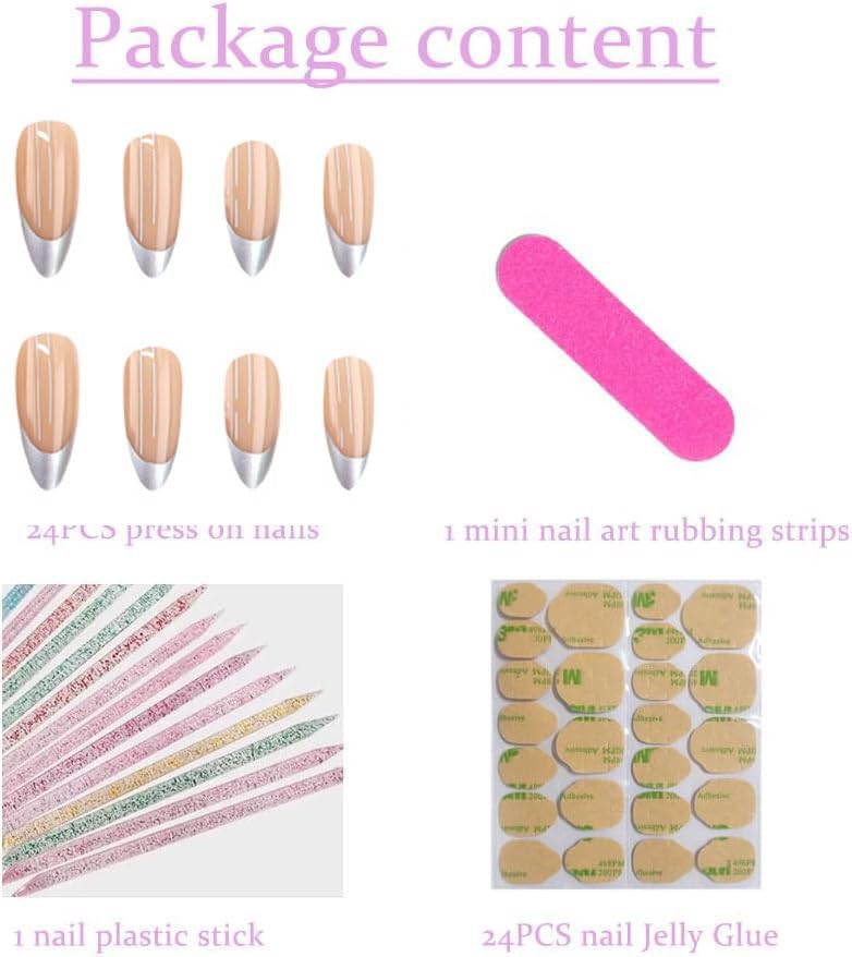 mgmxbsth Mgmxbsth 24Pcs Almond Fake Nails,Sliver Press on Nails,Frech Style Glossy Fake Nails, Stick on Nails with Designs Stick for Women and Girls (Casual)