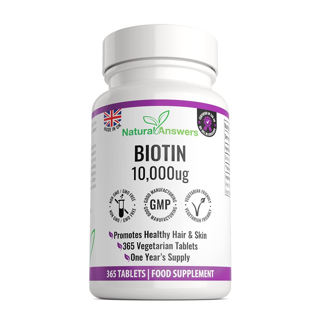 Natural Answers 365 Biotin Hair Growth Tablets (1 Years Supply) - Vegetarian 10,000UG Vitamin B7 Supplements for Men and Women, Healthy Hair, Skin & Nails Support - UK Manufactured