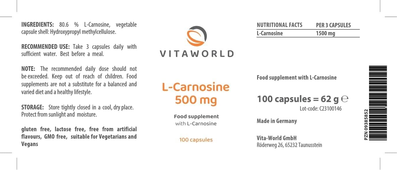 Vita World L-Carnosine 500mg 100 Vegetarian Capsules Made in Germany