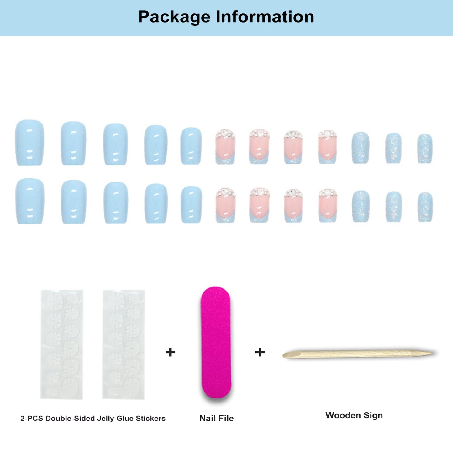 AVZXXKUF 24PCS French Square False Nails with Rhinestone Design Romantic and Elegant Medium Press on Nails Glossy Fake Nails Full Cover Acrylic Nails for Women or Girls