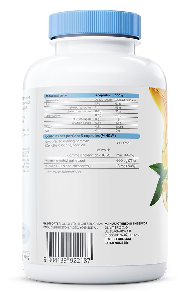 OSAVI Osavi Primrose Oil 1800 mg with Vitamin A & E – 180 Softgels | Cold–Pressed Evening Primrose Oil with GLA, Enriched with Vitamin A & E | Supports Skin Health & Cell Protection
