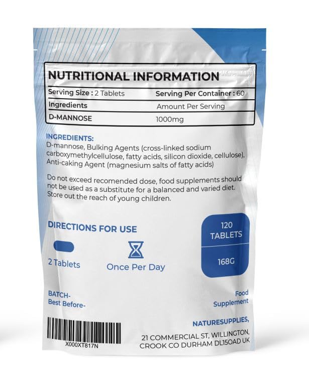 naturesupplies D-mannose Tablets 1000mg, 120 Pack - Vegan Friendly - Premium Coated High Strength Tablets - Naturesupplies