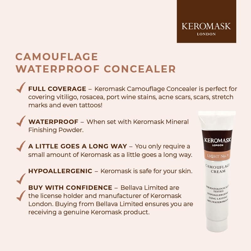 Keromask Full Coverage Hypoallergenic Concealer Shade LIGHT No 7 to Camouflage Vitiligo, Tattoos, Redness and Rosacea, Waterproof and Suitable for All Skin Types 1 x 15ml