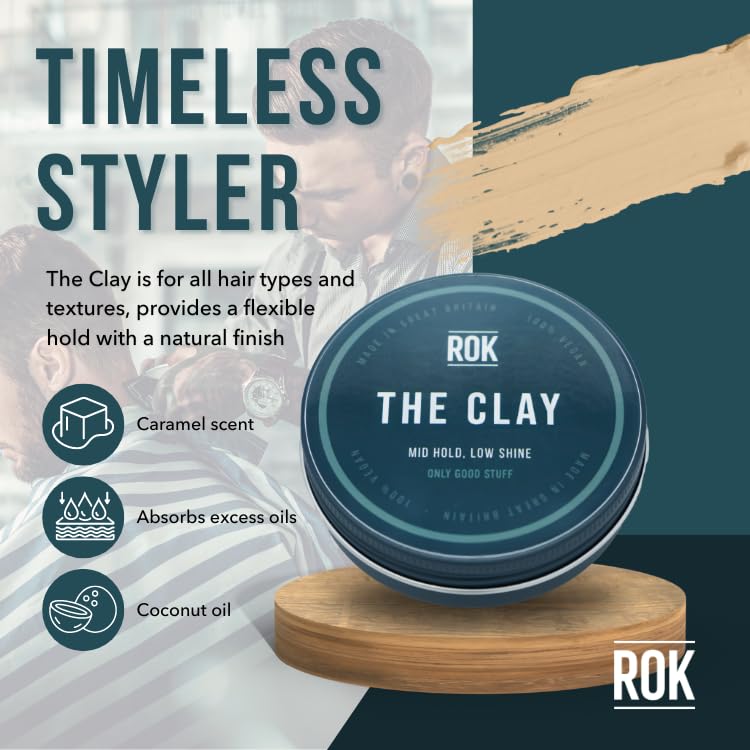 ROK Products Hair Styling Clay – Mild Hold Low Shine Grooming Clay – Vegan Friendly Handmade Matt Hair Clay Men for Texture and Volume – Smooth Caramel Scent – Easy to Apply and Long-Lasting Formula