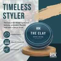 ROK Products Hair Styling Clay – Mild Hold Low Shine Grooming Clay – Vegan Friendly Handmade Matt Hair Clay Men for Texture and Volume – Smooth Caramel Scent – Easy to Apply and Long-Lasting Formula