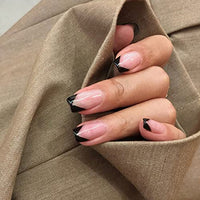 Minsezhi 24Pcs Glossy Black Press on Nails V-Shaped French False Nails Full Cover Clear Nails Square False Nails for Women and Girls