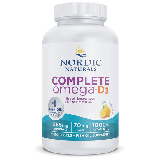 Nordic Naturals, Complete Omega-D3, 565mg, with Omega-6, Omega-9 and Vitamin D3, High Dose, Lemon Flavour, 120 Softgels, Soy Free, Gluten Free, Non GMO
