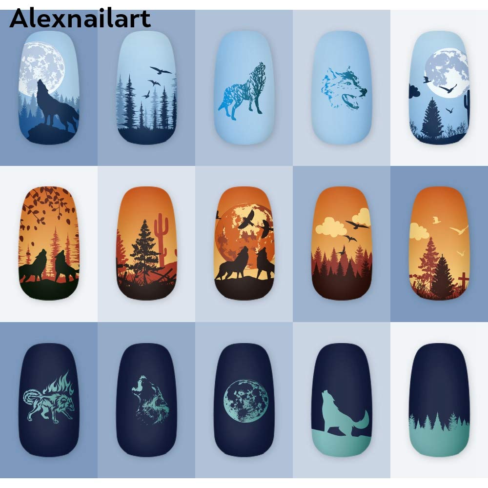 ALEXNAILART Alexnailart Nail Art Stamping Plates Picture Template with Natural Forest Wolf Moon Eagle Branch Pattern for Nail Design Manicure Print DIY Nail Design Nail Polish Transfer Tools