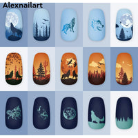 ALEXNAILART Alexnailart Nail Art Stamping Plates Picture Template with Natural Forest Wolf Moon Eagle Branch Pattern for Nail Design Manicure Print DIY Nail Design Nail Polish Transfer Tools