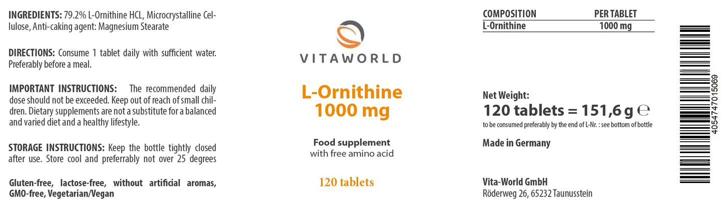 Vita World Vita world L-Ornithine 1000 mg l 120 Tablets l Highly dosed l Vegan l Ideal as a Supplement for an Increased Protein Intake l no additives l Gluten and Lactose-Free
