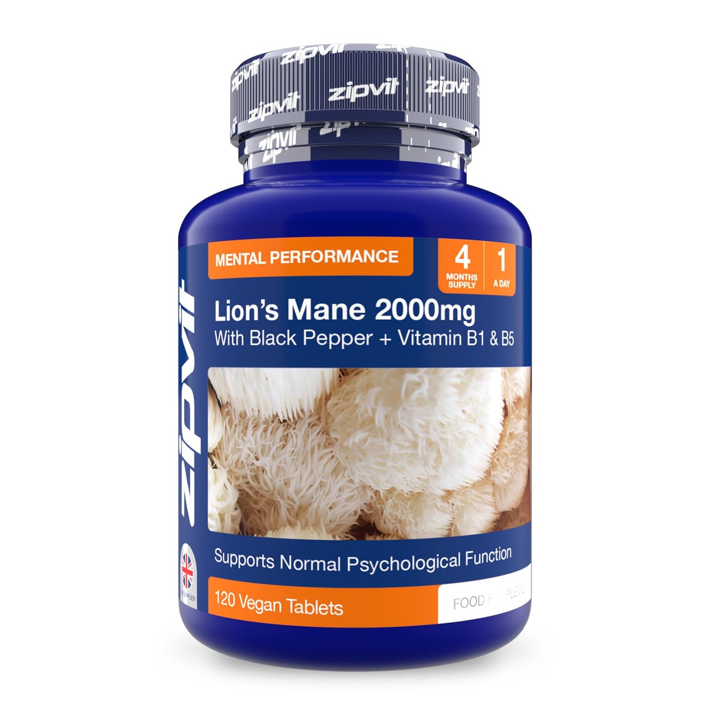 Zipvit Lions Mane Supplement 2000mg with B1, B5 & Black Pepper, 4 Months Supply, Lions Mane Mushroom 15:1 Extract, Supports Mental Performance, 120 Vegan Tablets