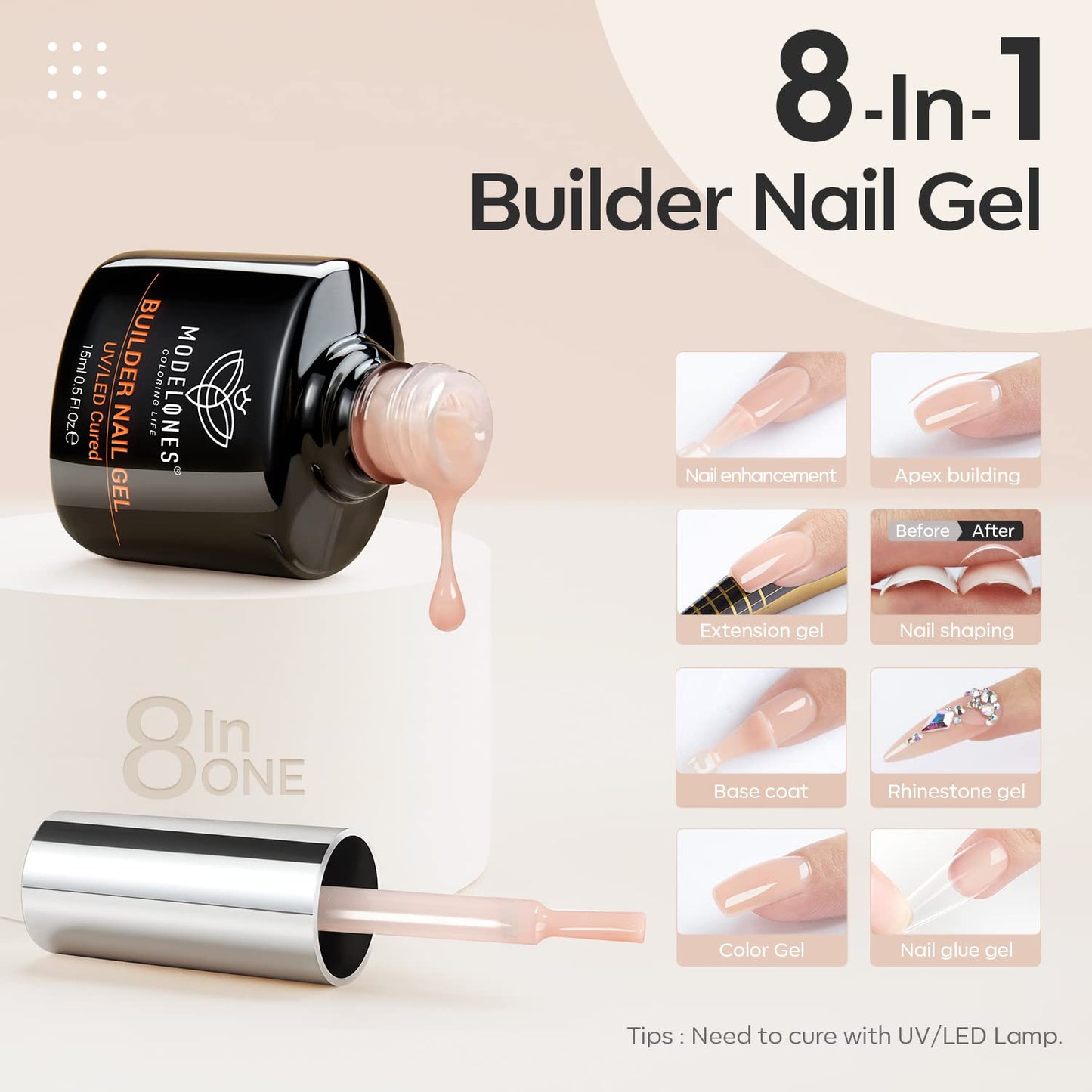 Modelones Gel Nail Polish Builder Nail Gel, 8-in-1 Neutral Nude Brown Gel Builder for Nails, Hard Gel Builder Nail Strengthener Extension Gel Base False Nail Tips Glue Gel in a Bottle 15ML