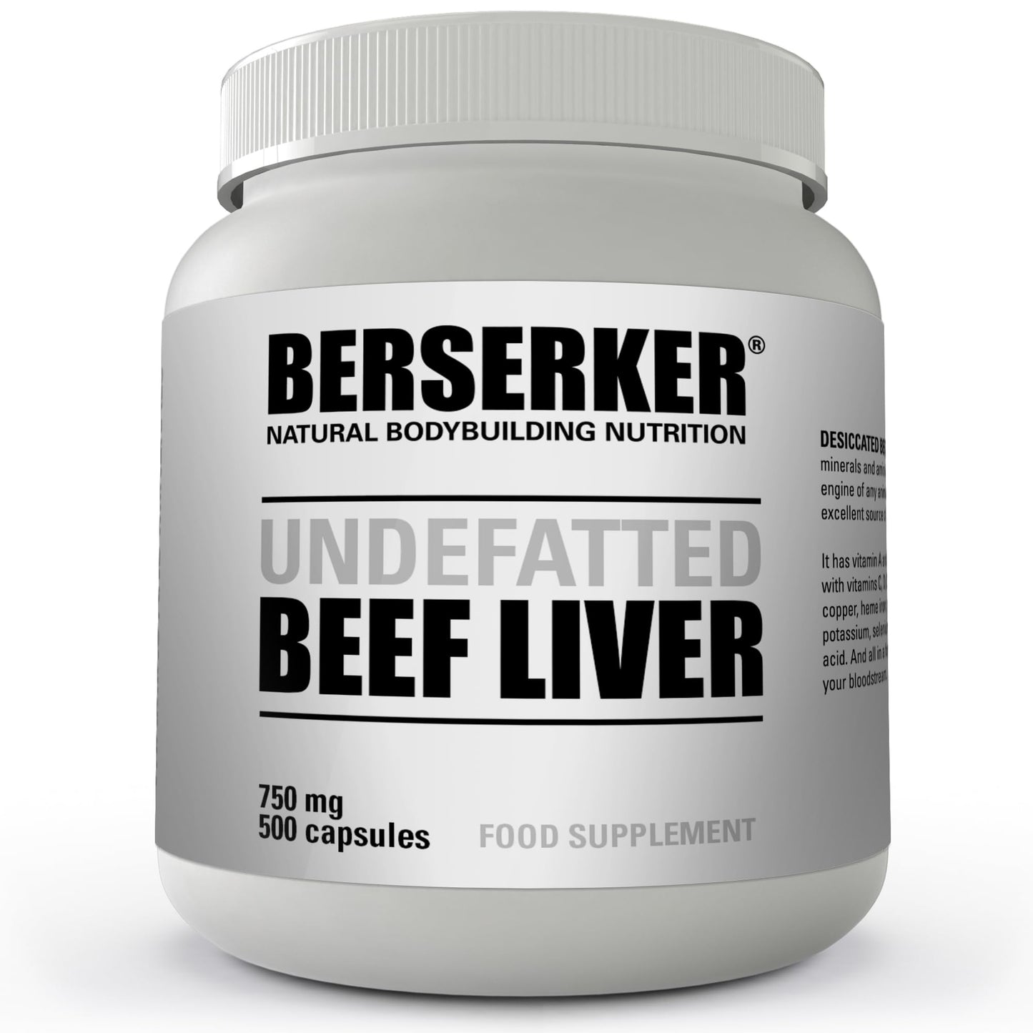 BERSERKER Supplements Berserker Desiccated Beef Liver Supplement 750mg per Capsule 500 Capsules, Un-defatted to Provide Full Absorption of Naturally Occurring Vitamins and Minerals Found in Beef Liver | Made in The UK