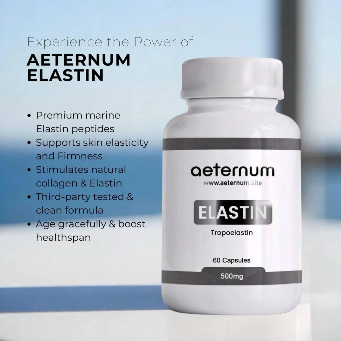 aeternum Marine Elastin 500mg 60 Capsules – Pure Anti-Aging Skin Firming & Collagen Support, Third-Party Tested
