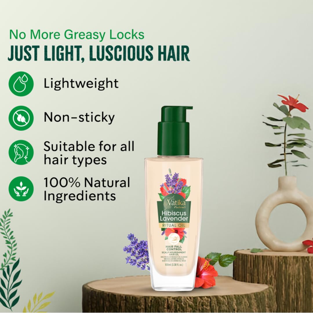 Vatika Naturals Ritual Hibiscus Lavender Hair Oil | 100 ml | 100% Natural Hair Oil for Hair Growth | Hibiscus, Lavender, Rosemary, Sunflower Oil | Lightweight & Non-sticky | Hair Oil for Daily Use