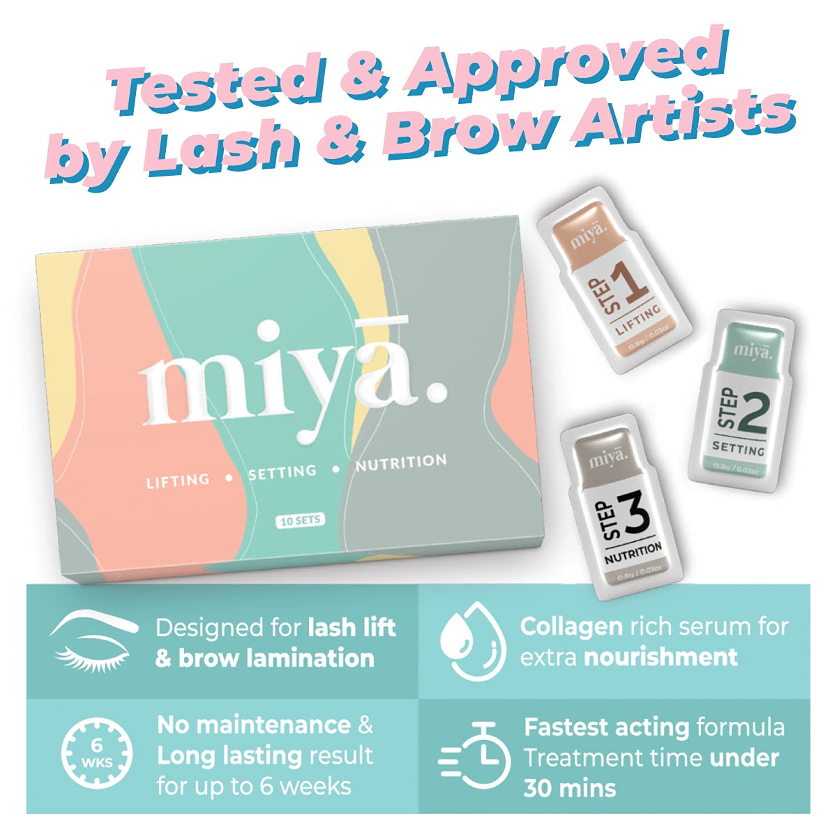 MIYA LASH 2 in 1 Lash Lift & Brow Lamination Lotion Set | Sachet Refill for Lash Lift Kit & Eyebrow Perm | Fast Acting 3-Step Lifting, Setting Lotions with Nutrition Serums | 10 Treatments | Salon Use