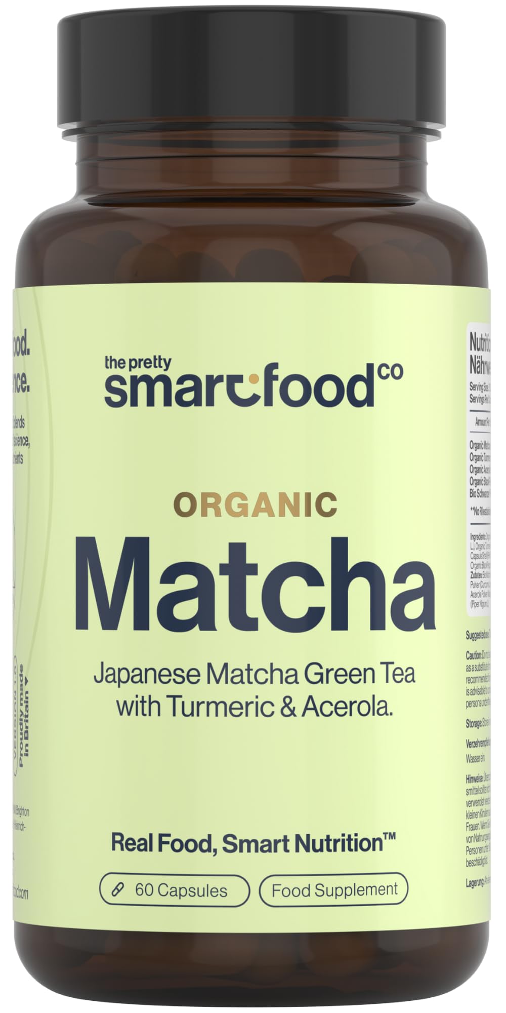 The Pretty Smart Food Co Green Tea Extract Capsules - Organic Matcha Green Tea Tablets - Boosted with Turmeric, Acerola Cherry & Black Pepper - 1360MG Complex - Green Tea Supplement - 60 Capsules - UK Made