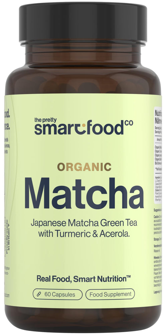 The Pretty Smart Food Co Green Tea Extract Capsules - Organic Matcha Green Tea Tablets - Boosted with Turmeric, Acerola Cherry & Black Pepper - 1360MG Complex - Green Tea Supplement - 60 Capsules - UK Made