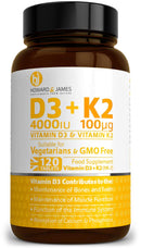 HOWARD & JAMES Vitamin D3 4000iu Plus Vitamin K2 100ug 120 High Strength Vegetarian Tablets