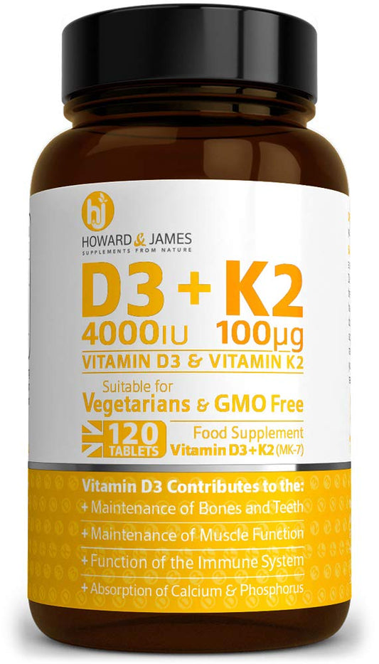HOWARD & JAMES Vitamin D3 4000iu Plus Vitamin K2 100ug 120 High Strength Vegetarian Tablets