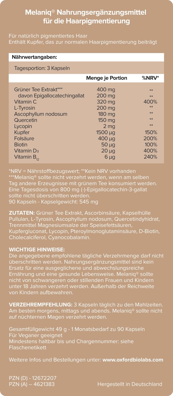 Melaniq Hair Pigmentation Supplement - Anti Gray Hair Tablets for Men Women - Premature Grey Hair Treatment Vitamins - Melanin Support Anti-Ageing Naturally-Based Vegetarian Capsules, 1 Month Supply