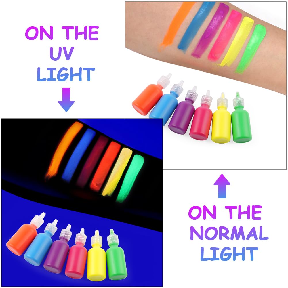 LOPHE UV Body Painting Set, 6 Pcs 30ML Ultraviolet Glow Face Paint with UV Lamp, UV Glowing Neon Liquid Face Painting, Non Toxic Face Body Paint for Carnival Halloween Cosplay Makeup Art Paint