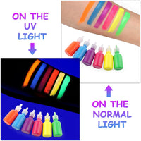 LOPHE UV Body Painting Set, 6 Pcs 30ML Ultraviolet Glow Face Paint with UV Lamp, UV Glowing Neon Liquid Face Painting, Non Toxic Face Body Paint for Carnival Halloween Cosplay Makeup Art Paint