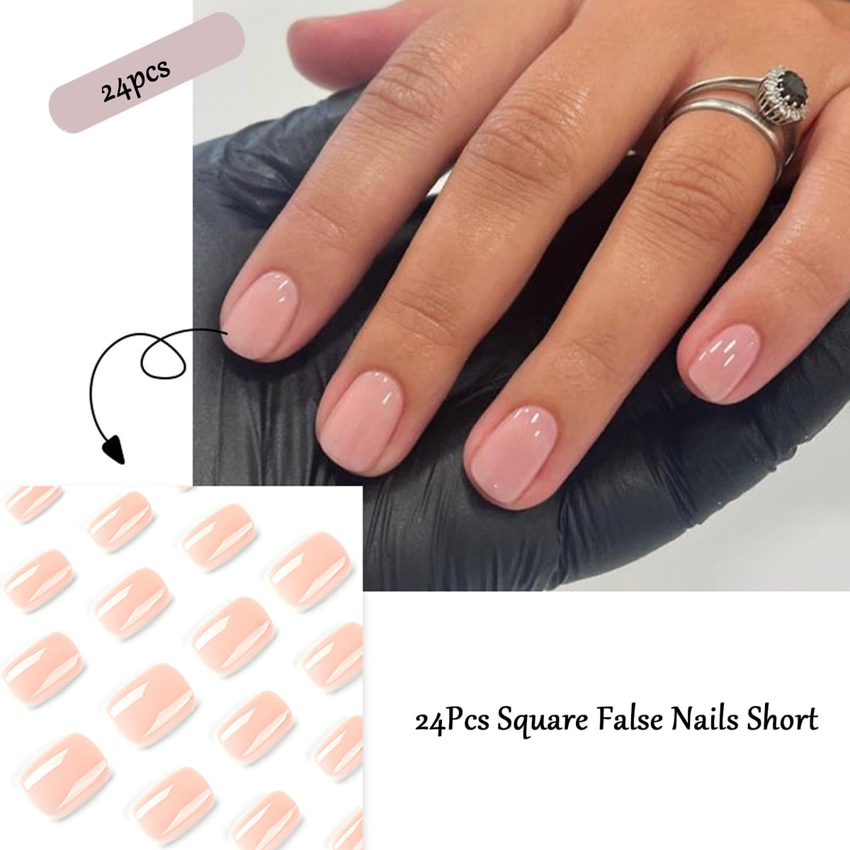 EONFAVE French Tip Nails - 24Pcs Square False Nails Short - Nude Pink Press On Nails - Stick on Nail French Tip - Full Cover Acrylic False Nail & Accessories Art for Women