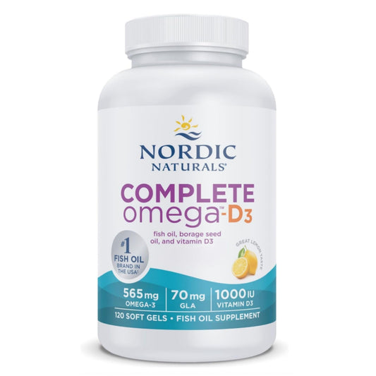 Nordic Naturals Complete Omega-D3, 565mg Omega 3 Fish Oil Omega 3 Supplements with Omega 6, Omega 9 and Vitamin D3, High Dose, Lemon Flavour, 120 Softgels, Soy Free, Gluten Free